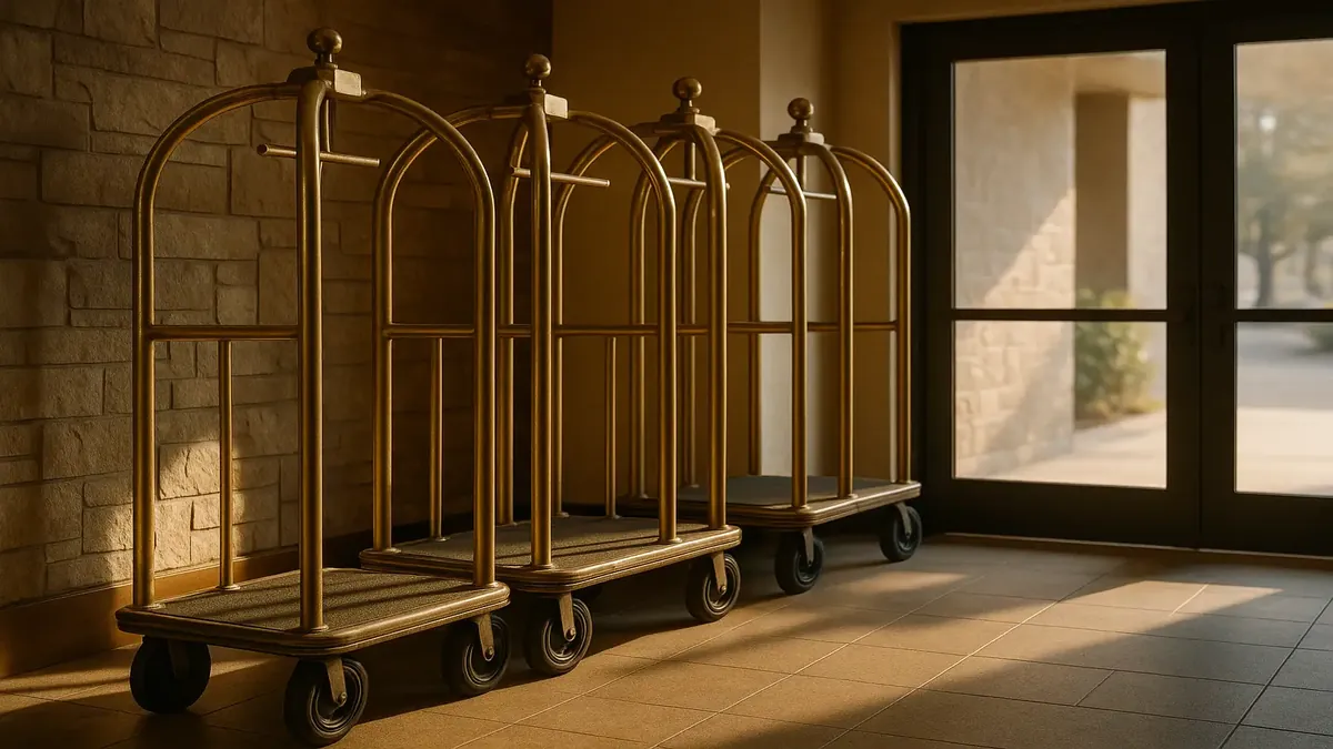 Night audit scene with bell carts in a hotel lobby, illustrating the challenges of guest satisfaction.