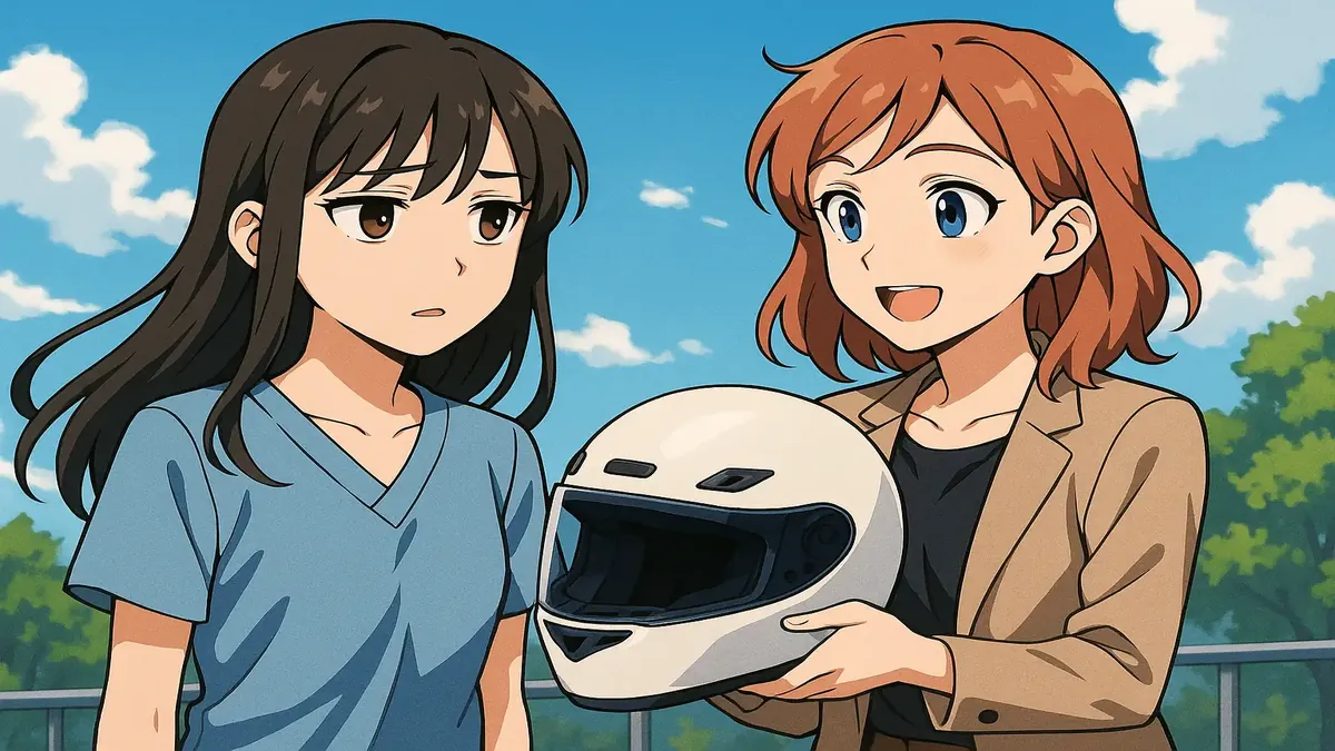 Anime illustration of Kevina wearing a helmet, emphasizing safety while biking after working in the ER.