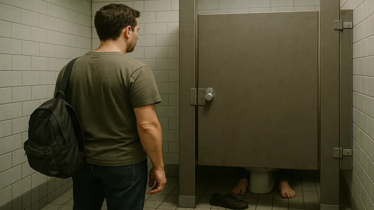 Person waiting outside a bathroom stall at a McDonald's, shoes off, highlighting a frustrating restroom experience.