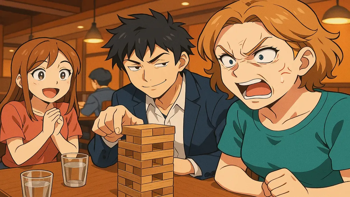 Anime-style illustration of a group at a restaurant pranking a disgruntled woman, capturing the fun moment.