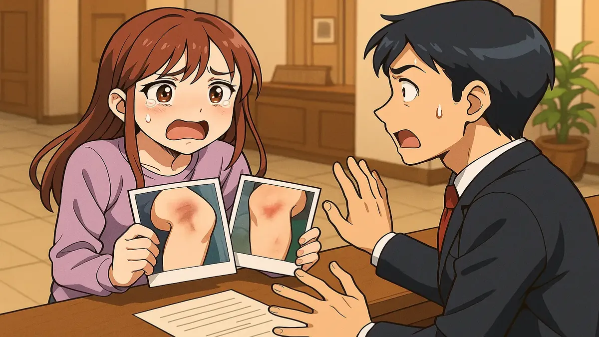 Anime illustration of a hotel guest dramatically showcasing their injuries at the reception desk.