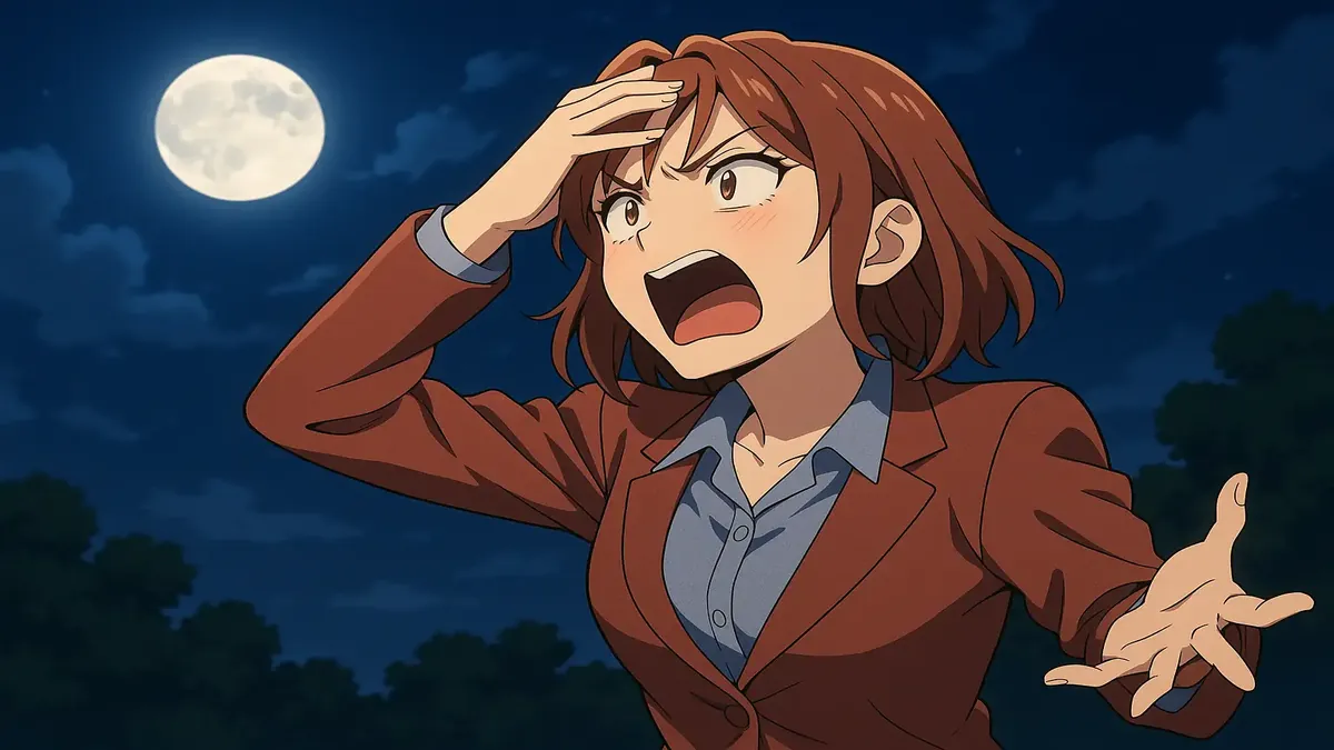 Anime-style illustration of a frustrated worker dealing with an angry customer in a lobby setting.