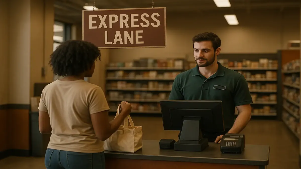 Retail employees sharing anecdotes in a busy store, showcasing customer interactions and workplace experiences.