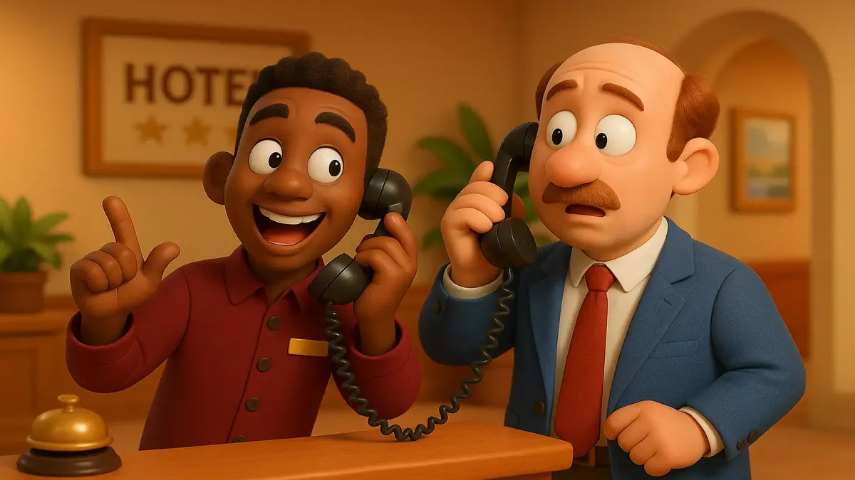 Cartoon-style 3D illustration of hotel night audit scenes with humorous scam call references.