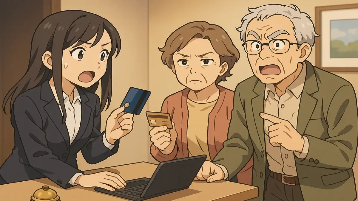 Anime-style illustration of an older couple at a hotel check-in, highlighting a credit card issue.