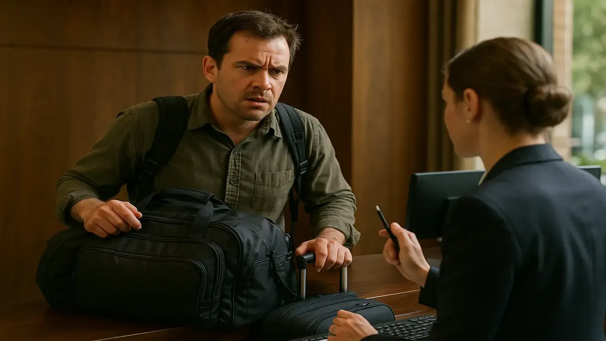 Frustrated hotel guest checks in with bags, highlighting urgency and early check-in fee scenario.