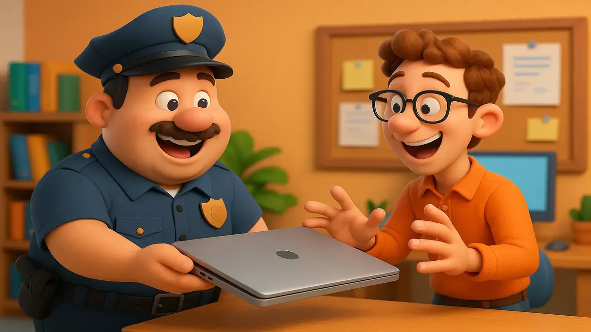 Cartoon-3D illustration of a tech support employee recovering data from a laptop, symbolizing teamwork and success.