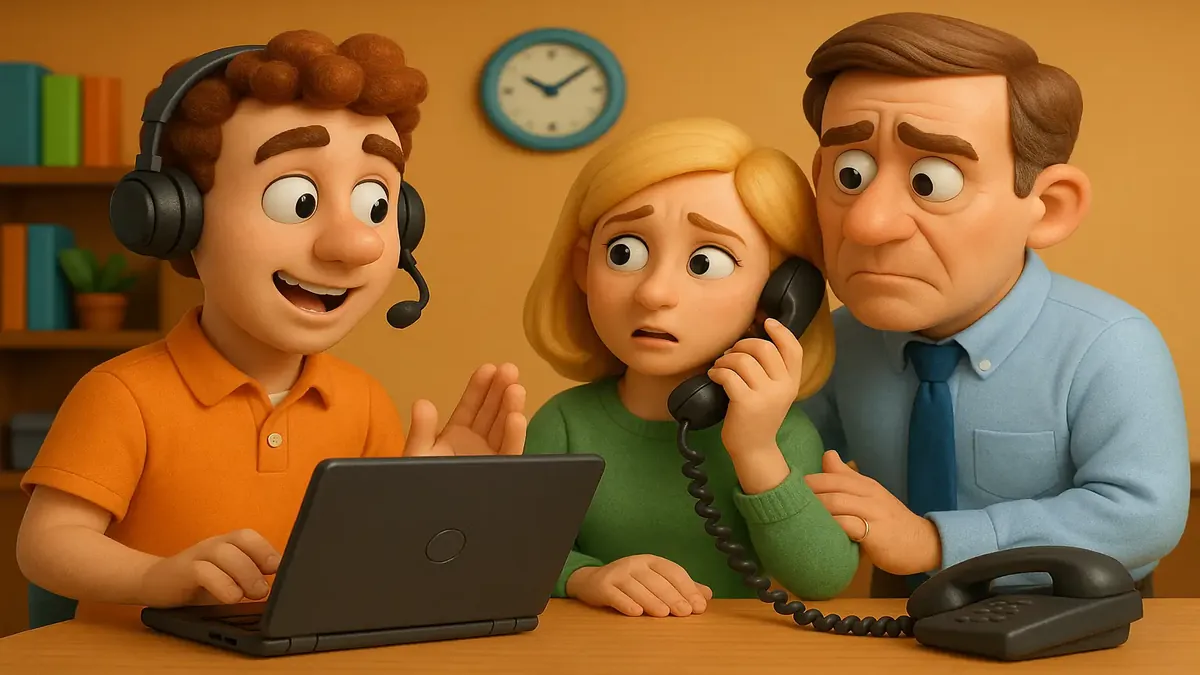 Cartoon 3D illustration of a tech support agent discovering a stolen laptop during a call.