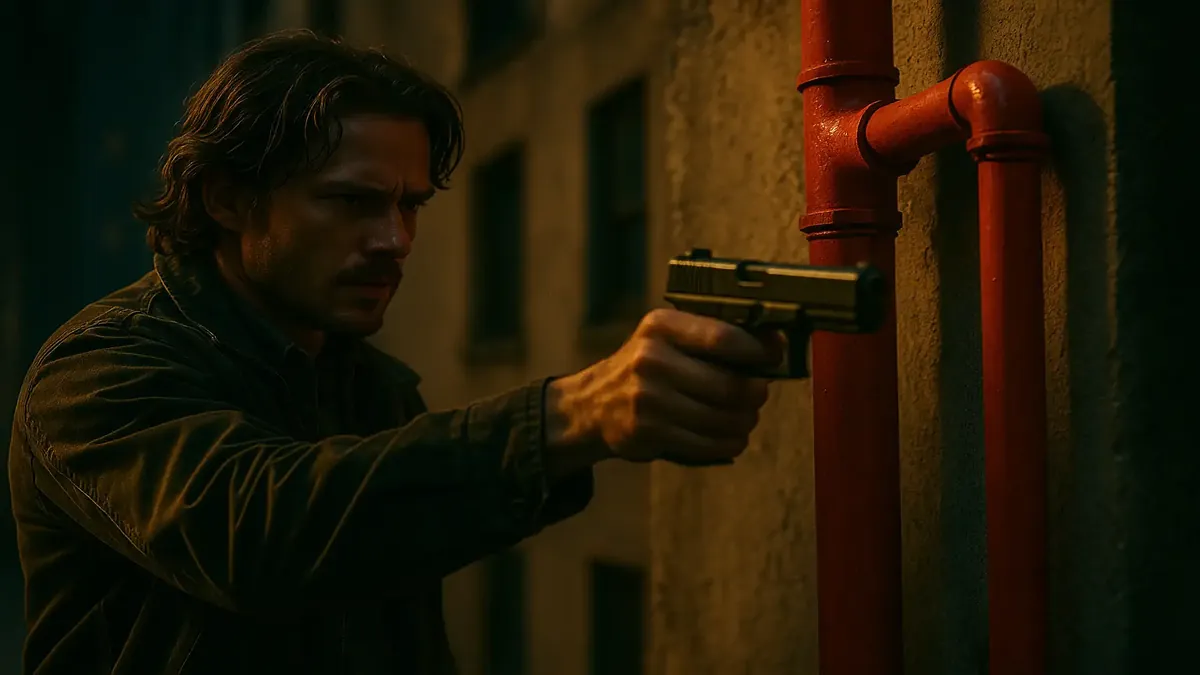 Exposed gas pipe on hotel wall, firetruck red, creating a striking cinematic backdrop for an unexpected fantasy tale.