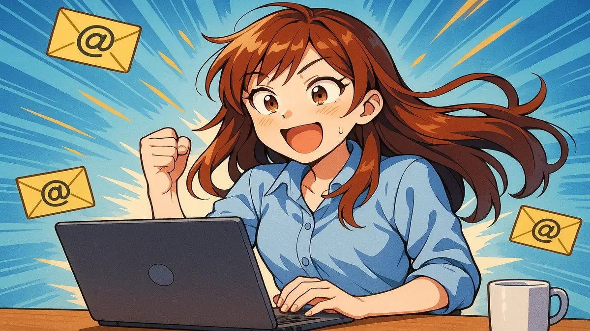 Anime illustration of a person joyfully discovering email organization after 228K messages, symbolizing clarity.