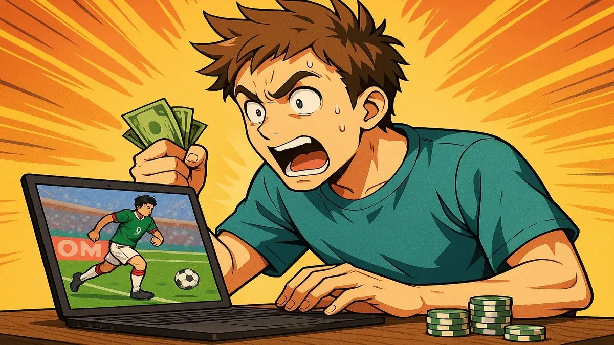 Anime illustration of Kevin, a college student, gambling on sports with a look of confusion and excitement.