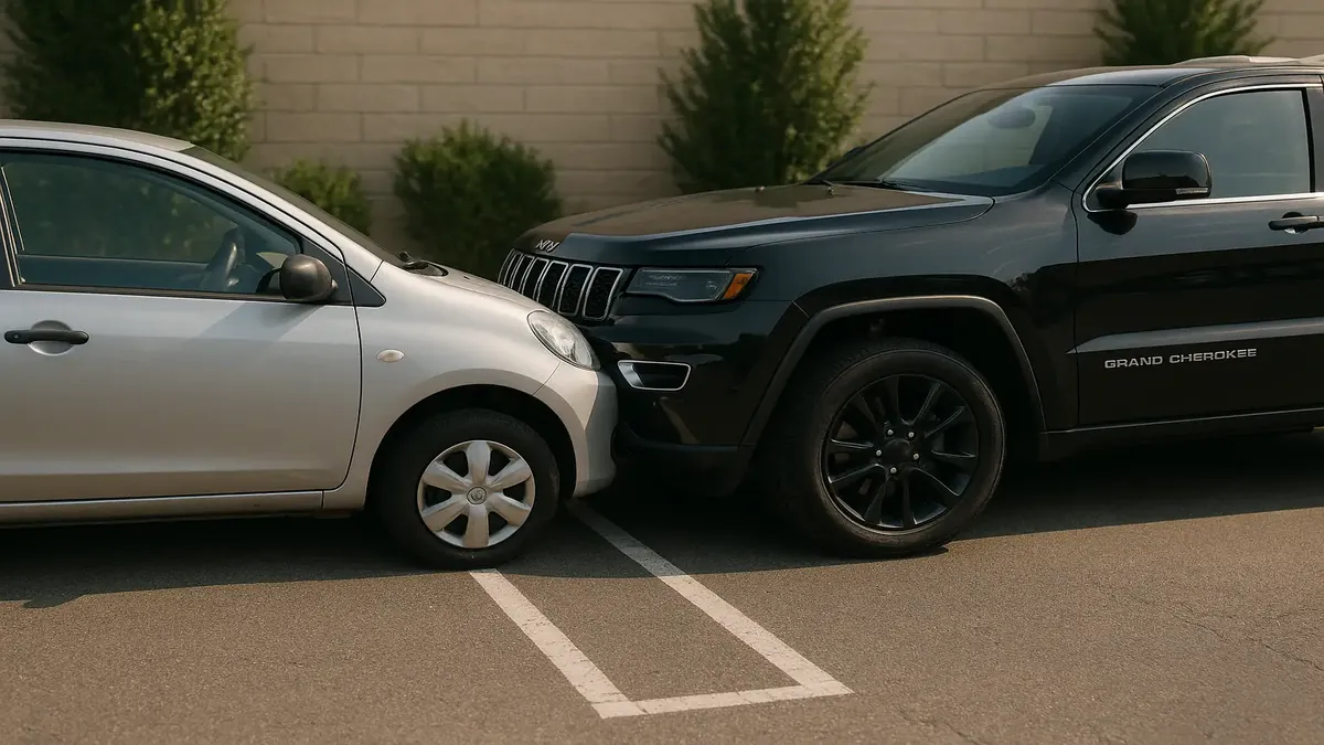 Jeep taking up two parking spots next to a small car parked perfectly within lines at a mall.