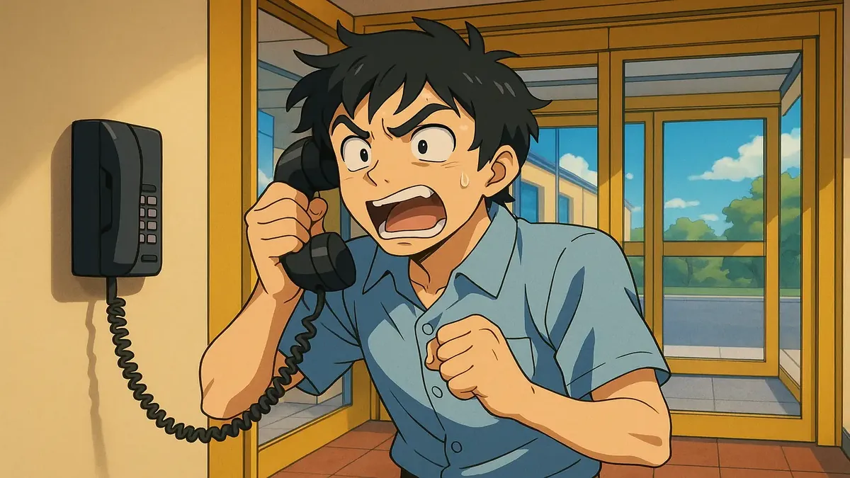 Anime illustration of a hotel vestibule with a phone, capturing a moment of a scam call story.