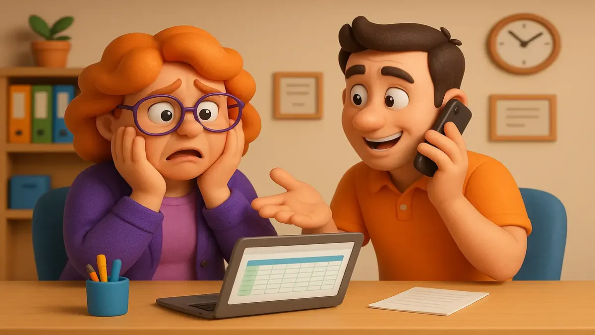 Cartoon 3D illustration of a flustered bookkeeper searching for a lost spreadsheet on her computer screen.