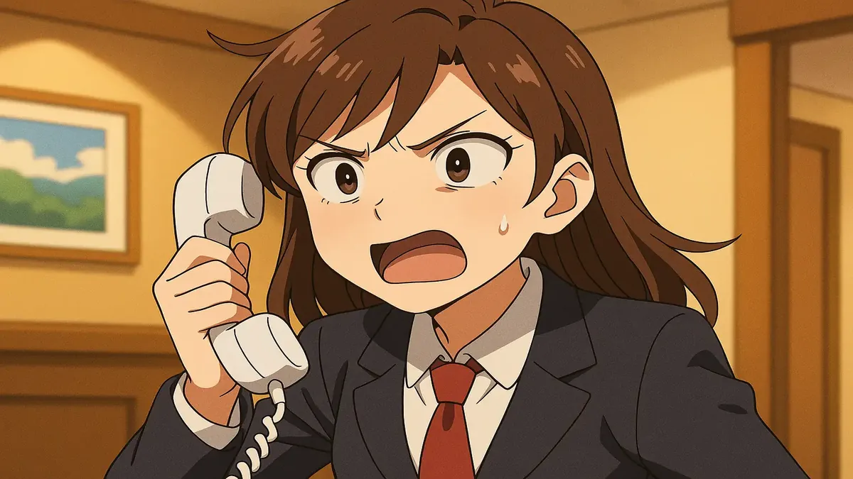 Anime-style illustration of a confused hotel receptionist dealing with tricky phone calls about reservations.