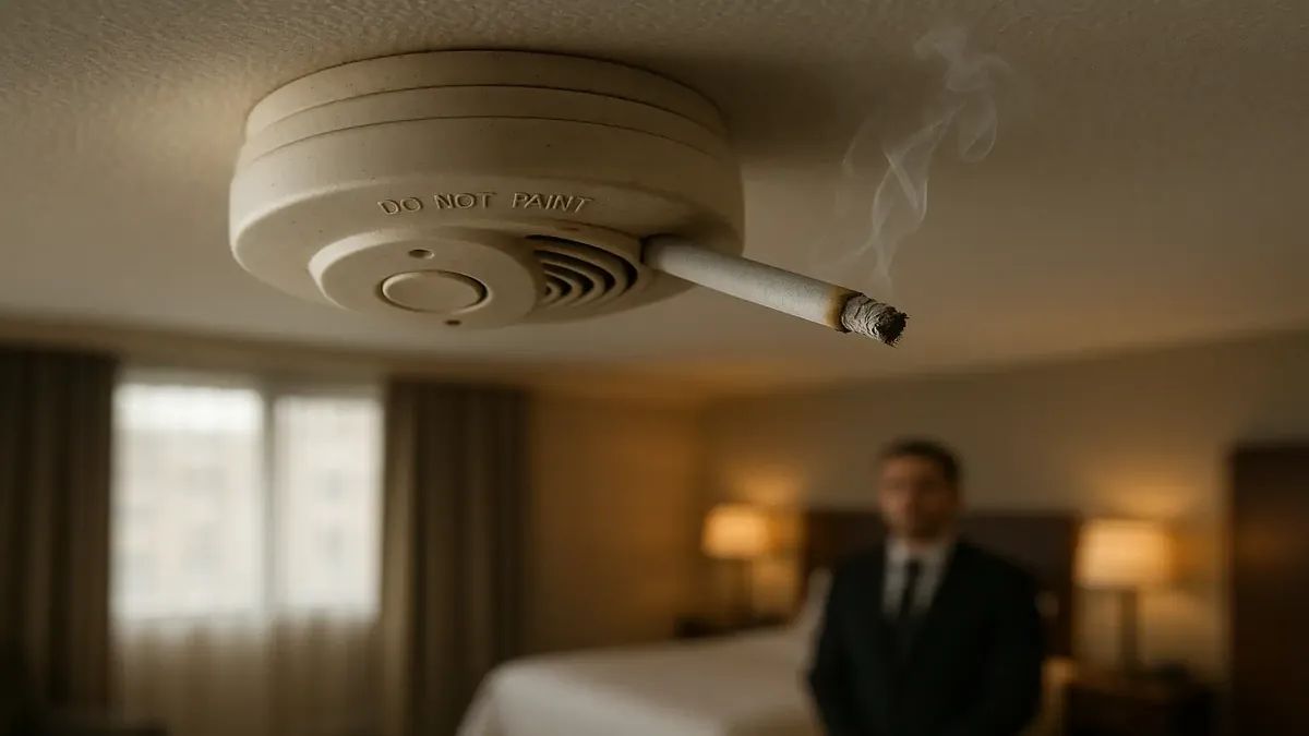 Hotel front desk with a concerned supervisor addressing a noise complaint from guests about smoke alarm issues.
