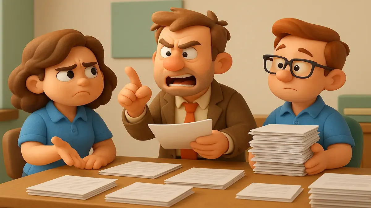 Cartoon-style illustration of a frustrated employee juggling tasks and complaints at work.