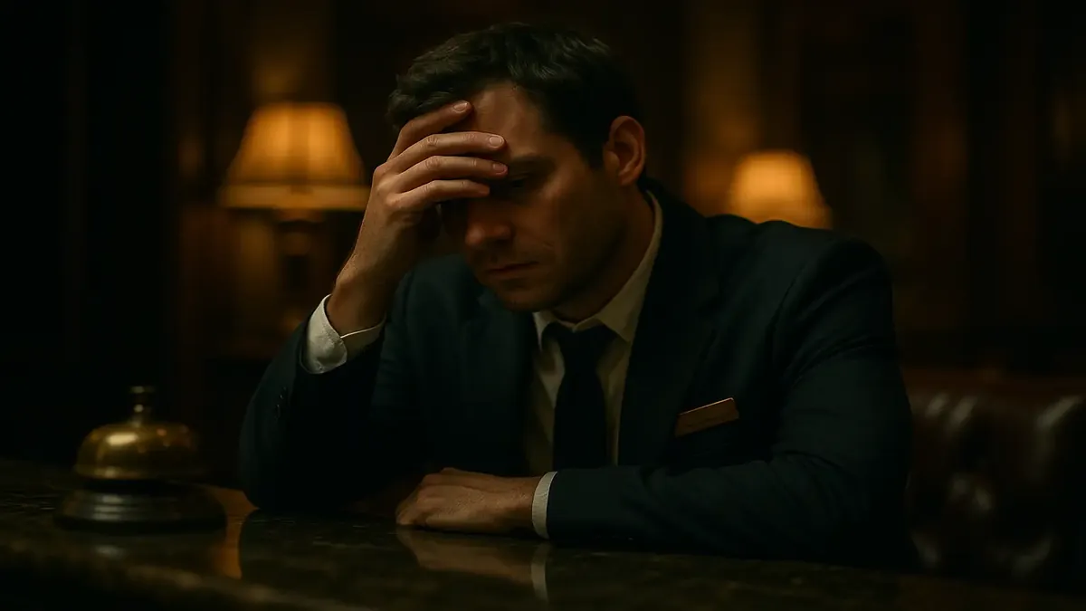 A cinematic view of a weary hotel worker contemplating calling out sick at work.