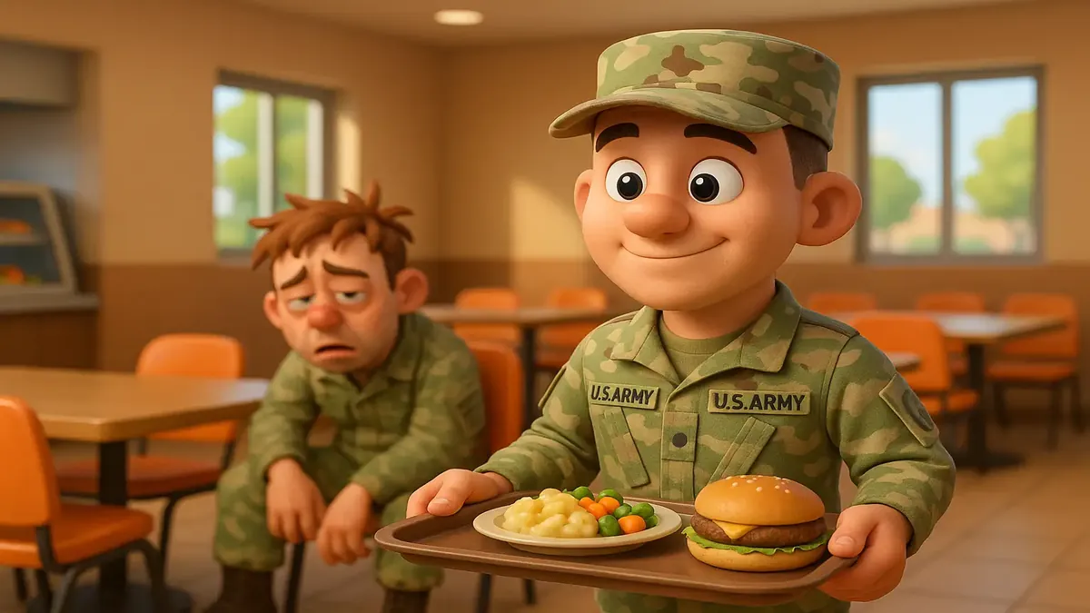 Cartoon-style illustration of a soldier reporting to the DFAC, reflecting military life and camaraderie.