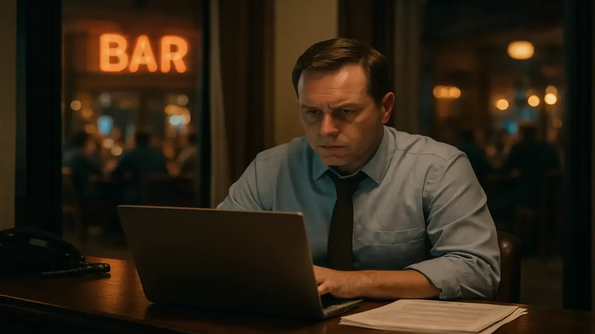 Photorealistic image of a bustling hotel bar, highlighting noise and parking issues for guests.