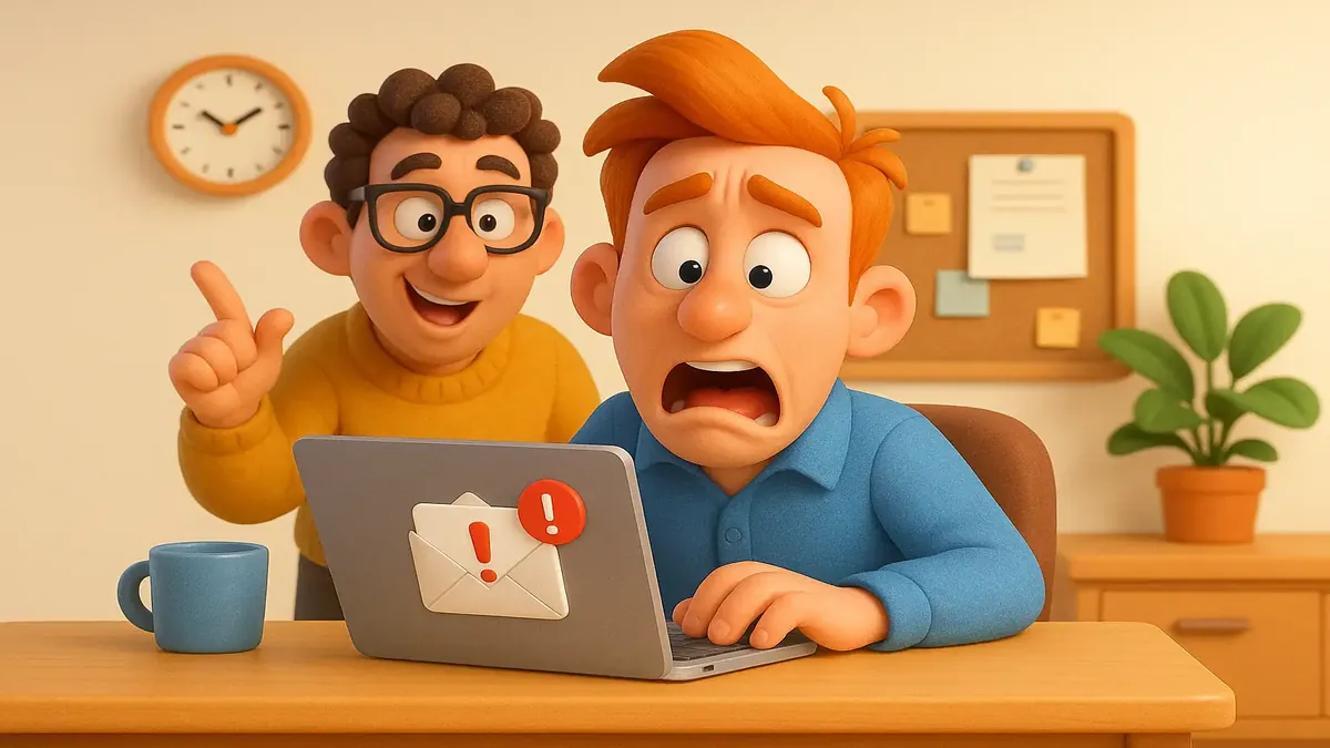 Cartoon-3D illustration of a person checking email headers with a concerned expression, highlighting email etiquette.