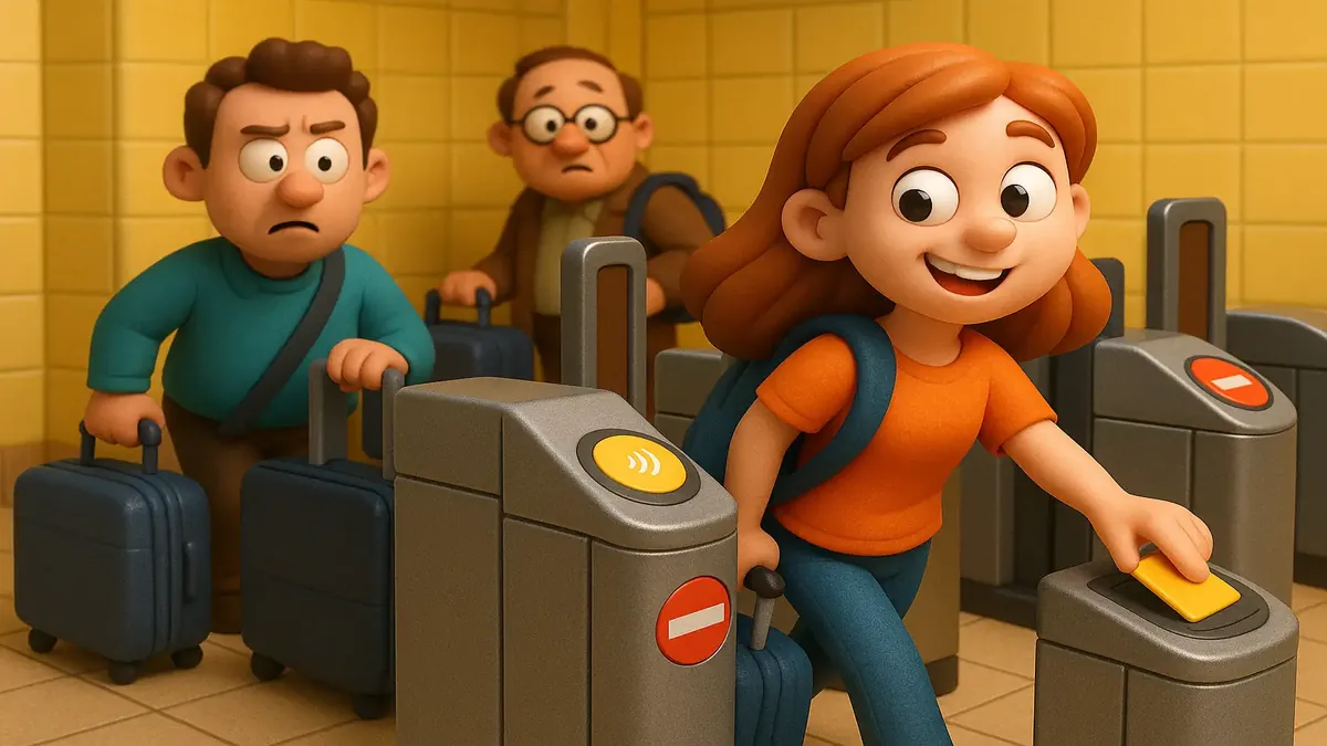 Cartoon-3D illustration of a girl cutting the line at a London underground station with bags in hand.