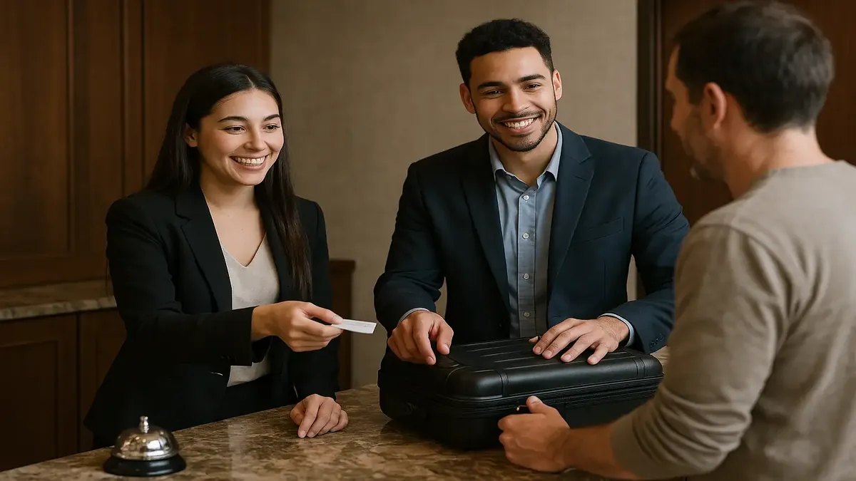 Friendly hotel front desk agents assisting a guest with luggage troubles during a conference stay.