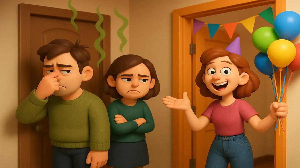 Cartoon-3D depiction of a frustrated neighbor at a noisy party in a small apartment hallway.