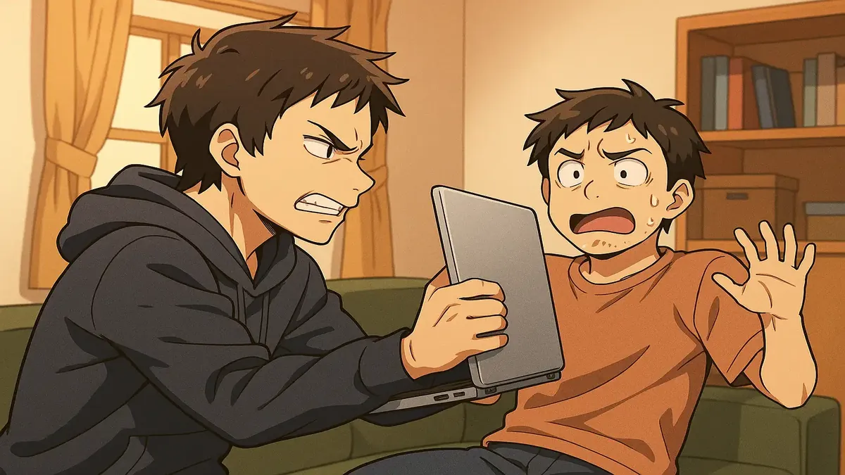 Anime-style illustration of a frustrated person preparing a laptop for their sibling, reflecting sibling dynamics.