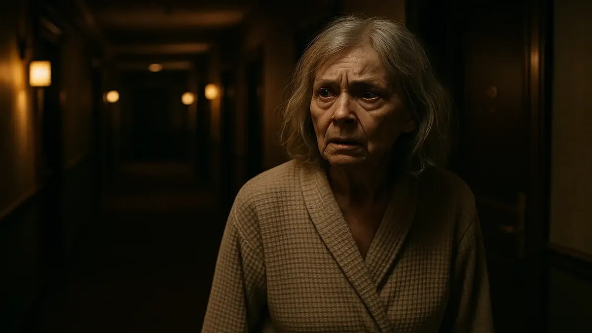 Cinematic scene of a weary staff member dealing with unusual guest requests in a quiet hotel corridor.