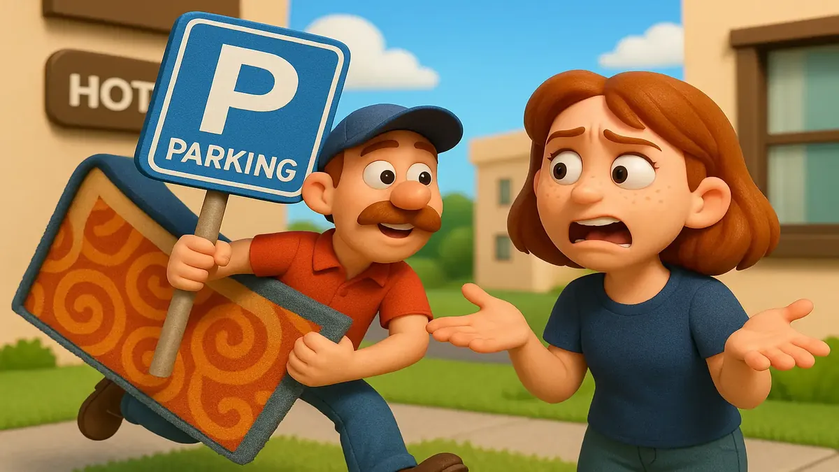 Cartoon 3D illustration of a stolen hotel parking sign and carpet, showcasing bizarre thefts in hotels.