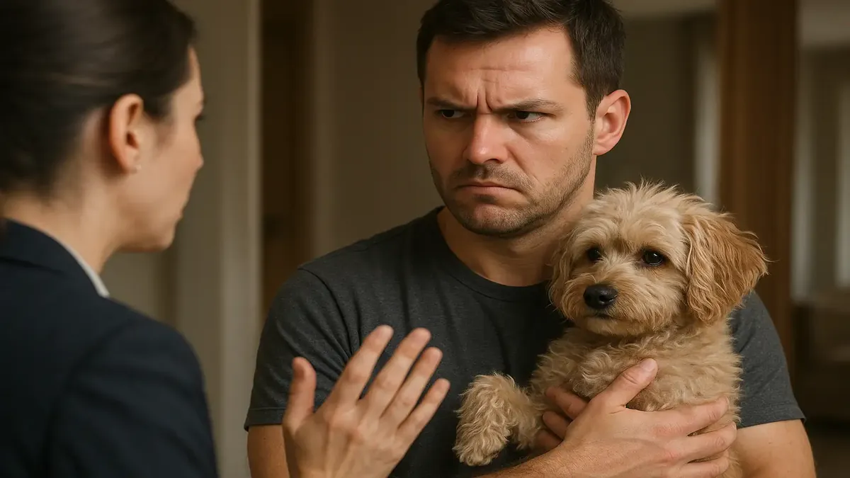 Frustrated FDA explaining pet rules to an upset pet owner in a photorealistic setting.