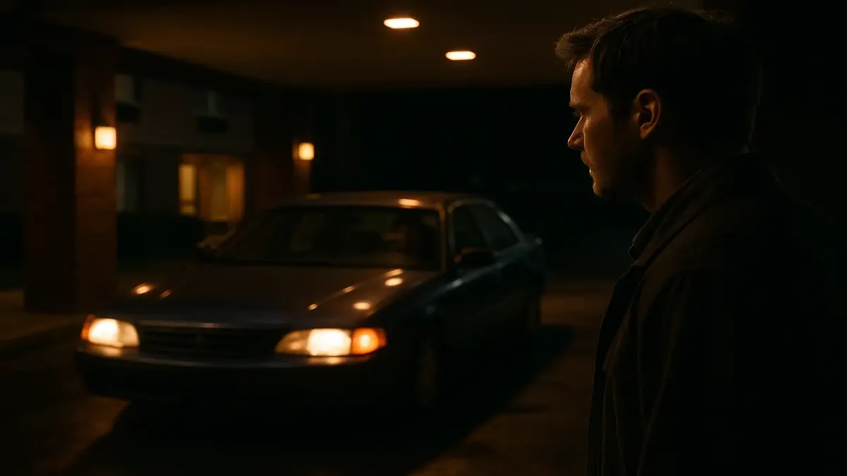 Stalked guest in cinematic scene at Nights Out Hotel, car idling under overhang in eerie nighttime atmosphere.