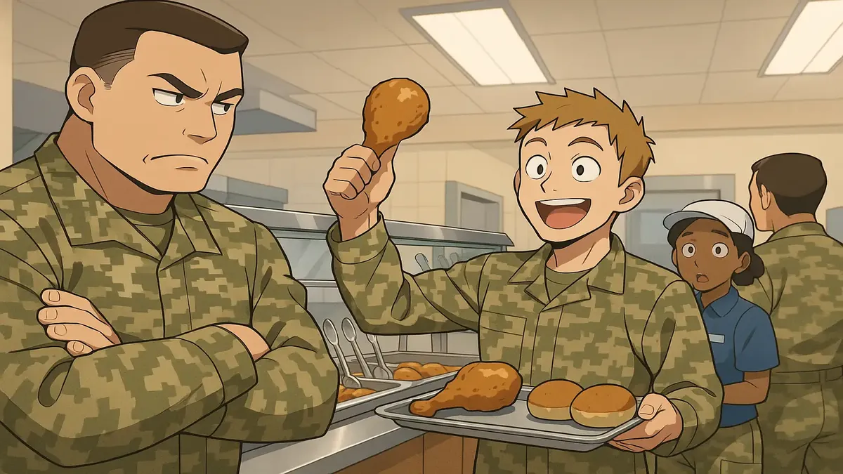 Kevin in an anime style, navigating a DFAC inspection with chicken and spoons in the background.