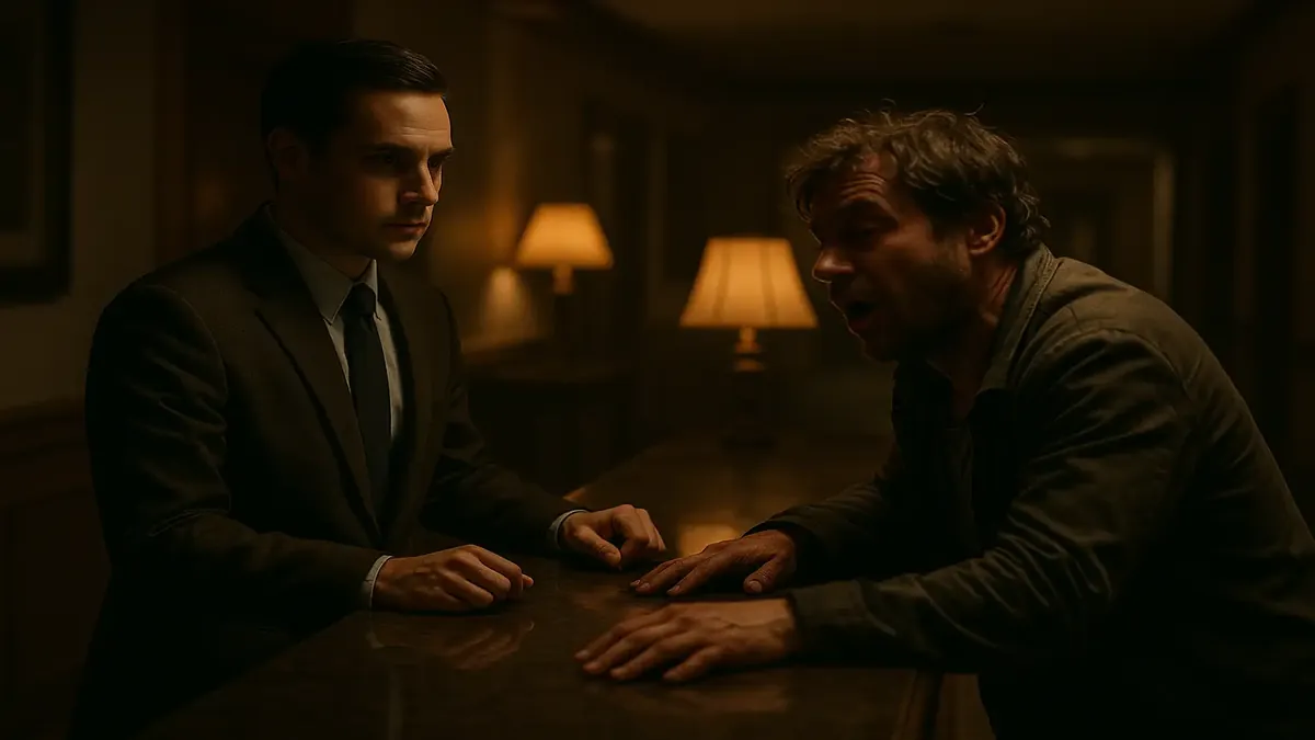 Night auditor overseeing a lively hotel lobby with tipsy guests causing humorous chaos.