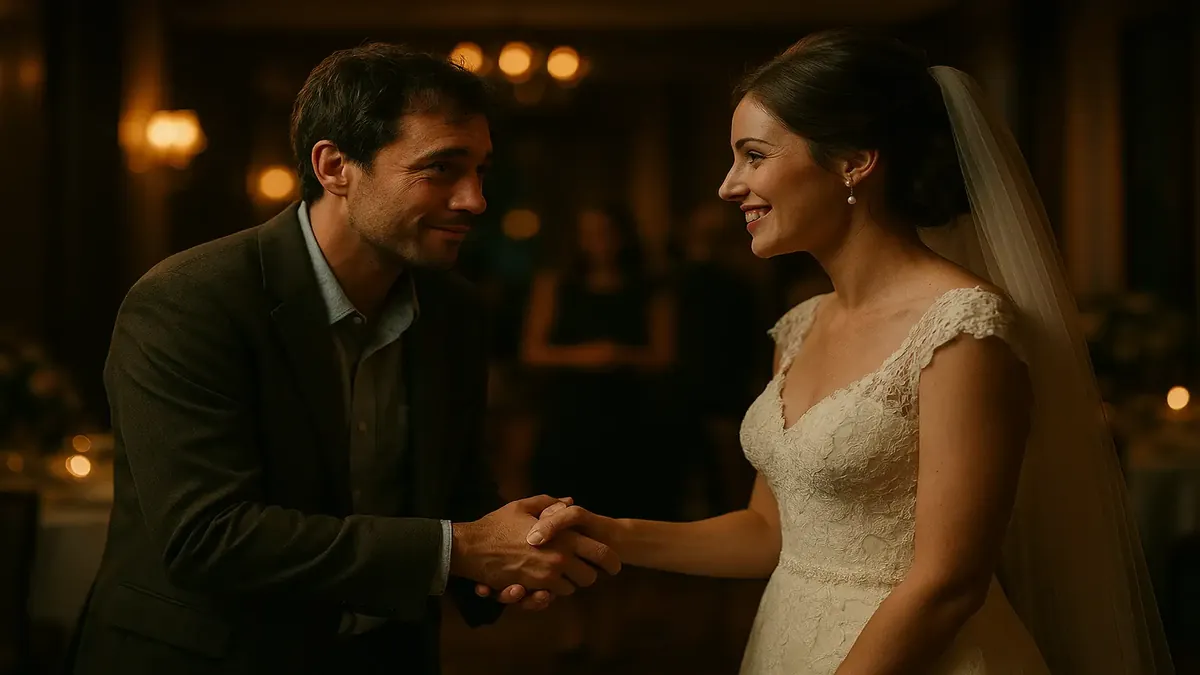 Wedding guest expressing gratitude at a beautifully decorated venue with cinematic lighting.