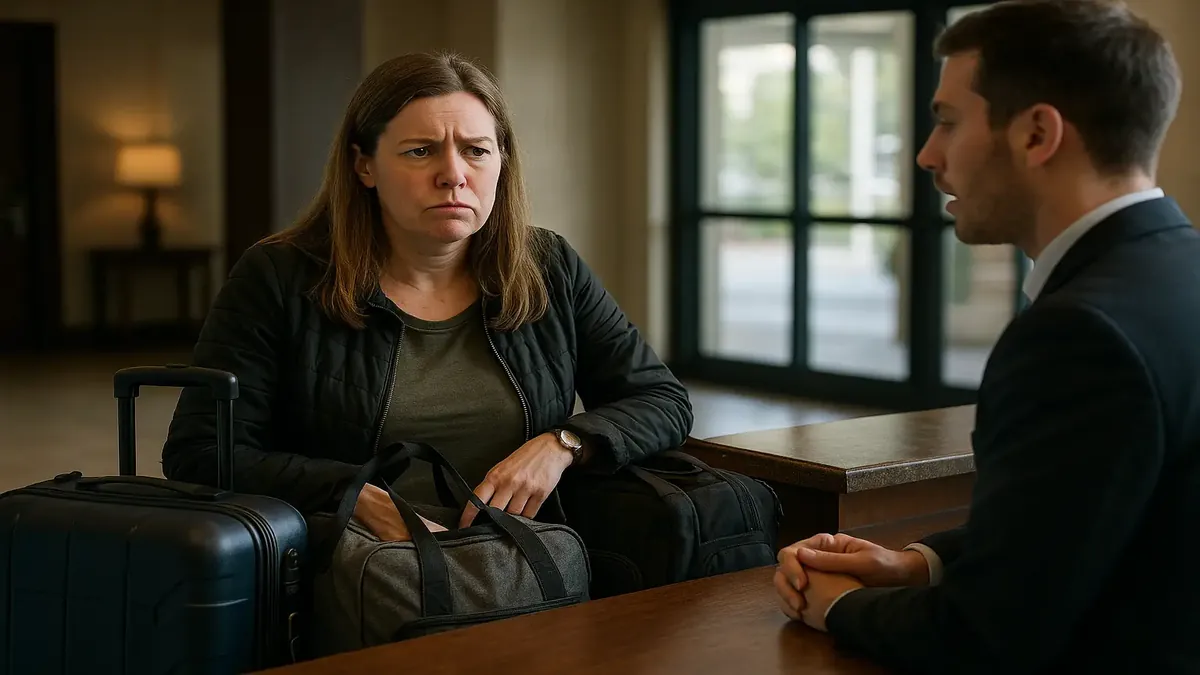 Woman with suitcases arriving at hotel lobby, highlighting a busy day ahead after a dental procedure.