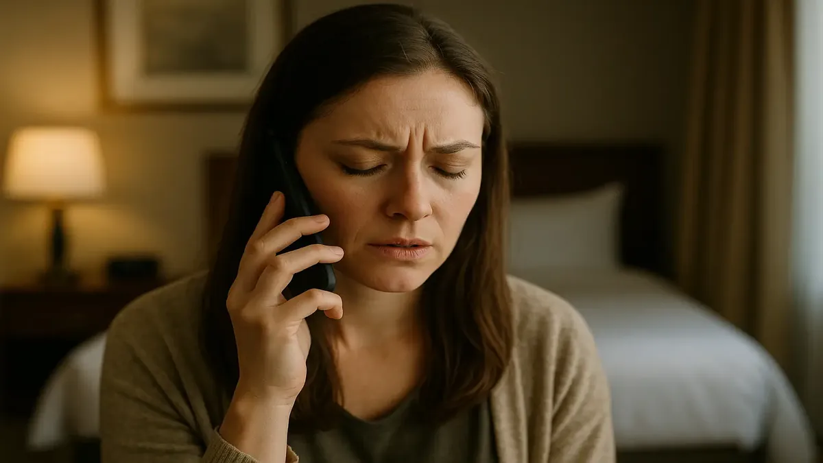 Guest looking worried on phone about non-refundable reservation cancellation, conveying frustration.
