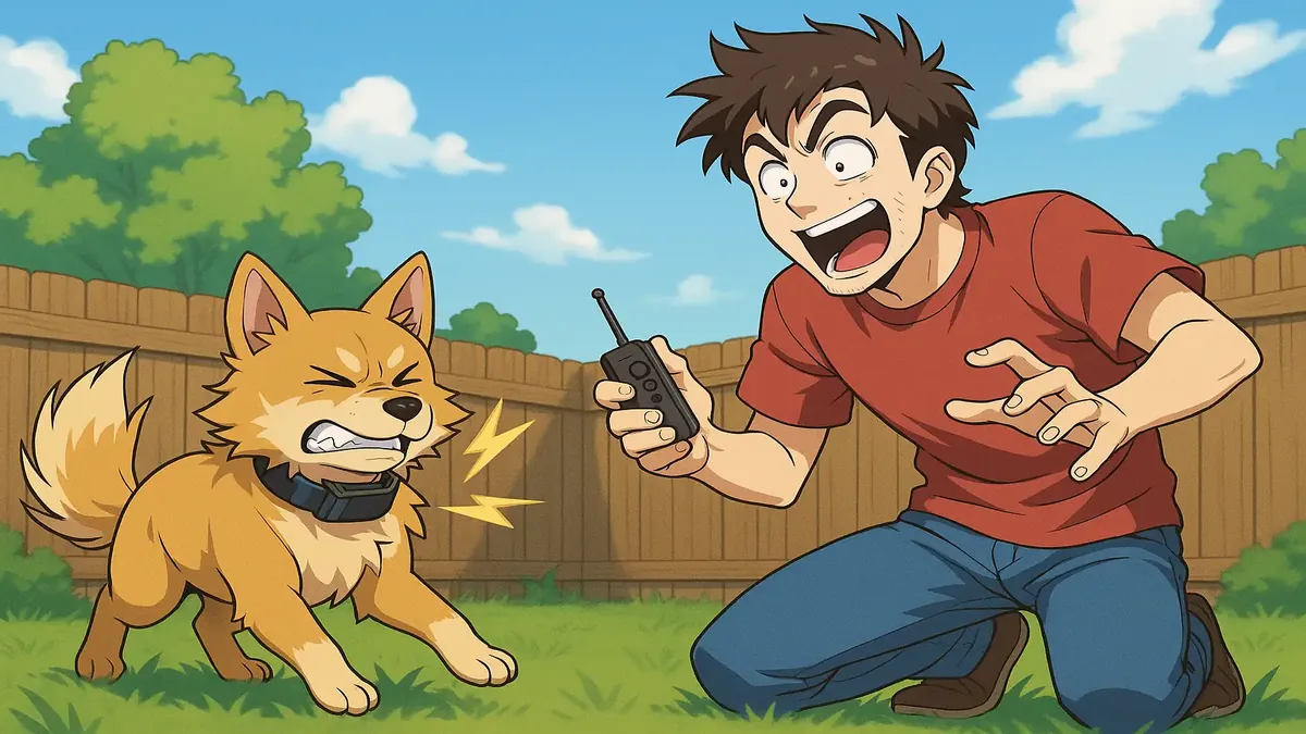 Anime illustration of a man with a shock collar, symbolizing misguided pet training ideas from ex-husband Kevin.