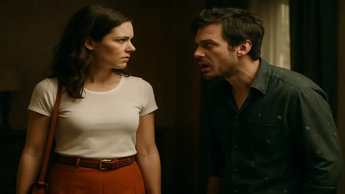 A woman in a burnt-orange skirt and white top stands confused, her ex-husband reacts dramatically in the background.