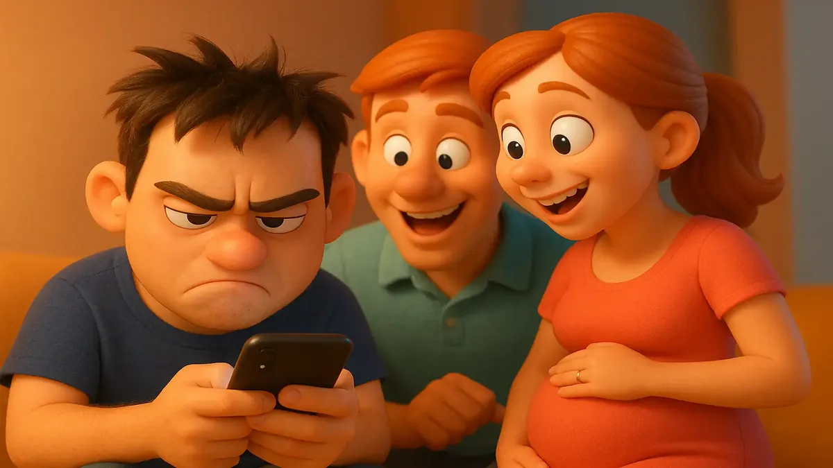 Cartoon 3D illustration of a frustrated woman scrolling Instagram comments on a pregnant couple's post.