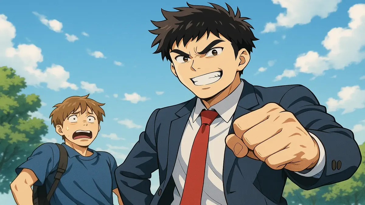 Anime-style illustration of a young landlord confronting a former high school bully in a dramatic setting.
