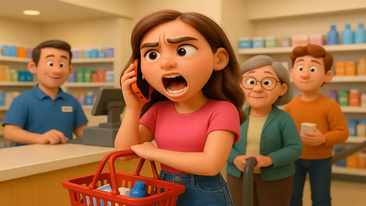 Cartoon-style illustration of an impatient girl waiting in line at Walgreens, engrossed in her phone.