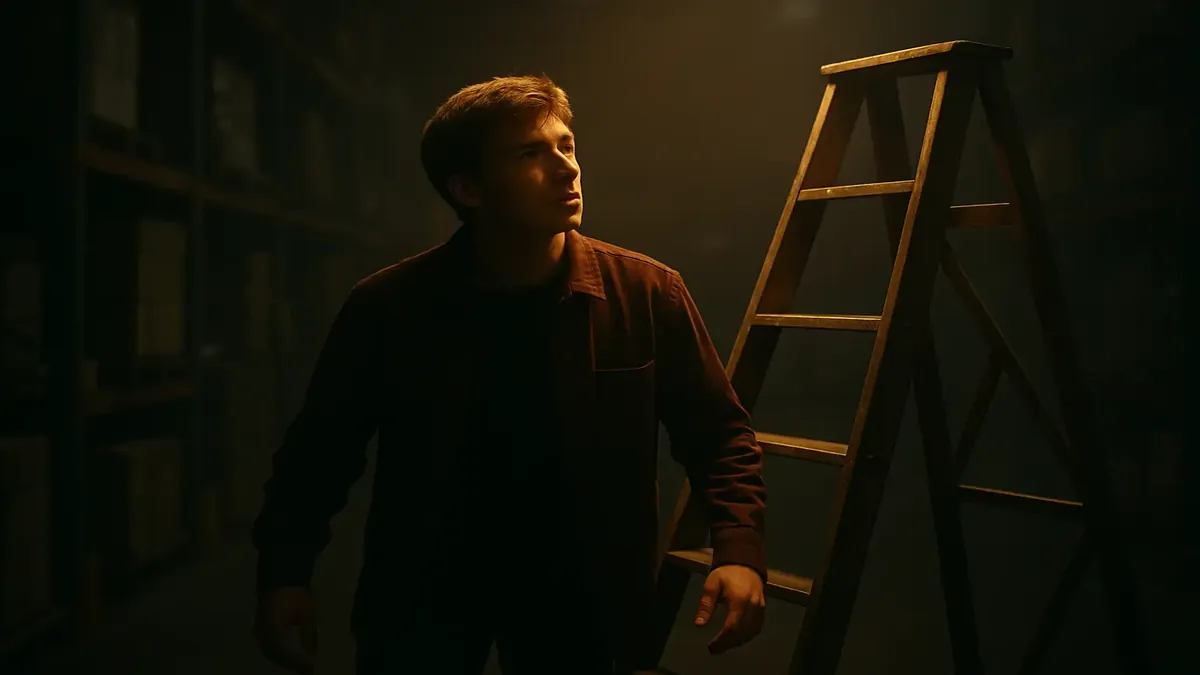 Cinematic scene of a confused worker searching for an impossible plint ladder in a busy warehouse.