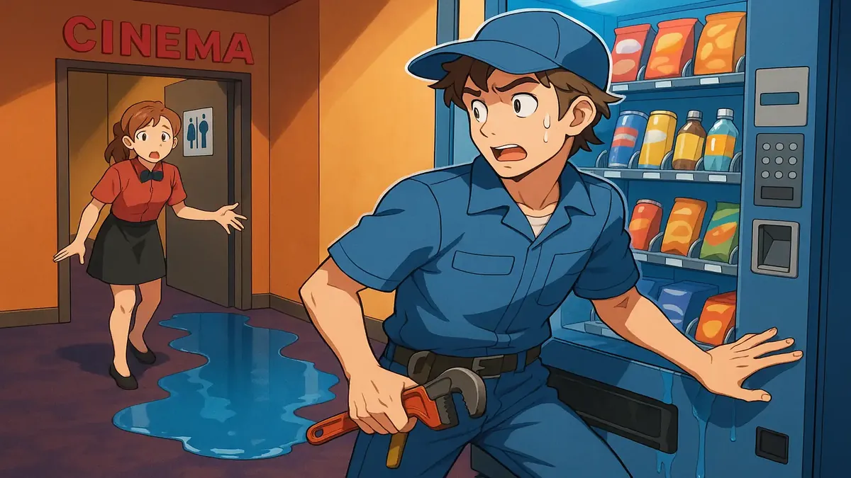 Vending machine technician inspecting water leak near cinema bathrooms in anime style illustration.