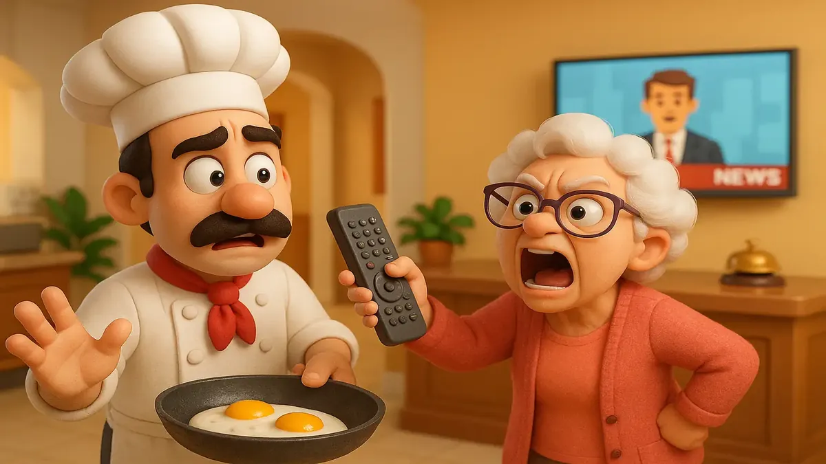 Cartoon 3D illustration of a frustrated hotel guest struggling with a TV remote control in a cozy room.