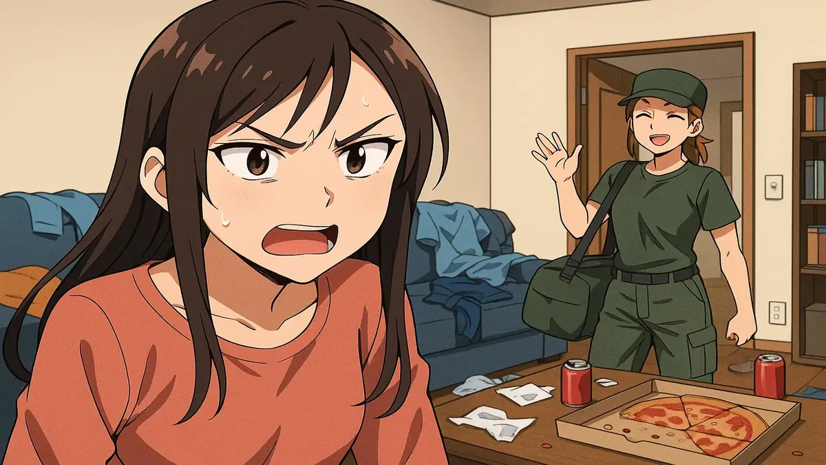 Anime-style illustration of a tense roommate situation between two friends in a cozy home setting.