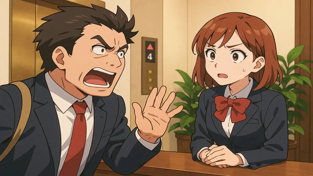 Anime illustration of frustrated hotel guests complaining about room floor assignments in a luxury hotel setting.