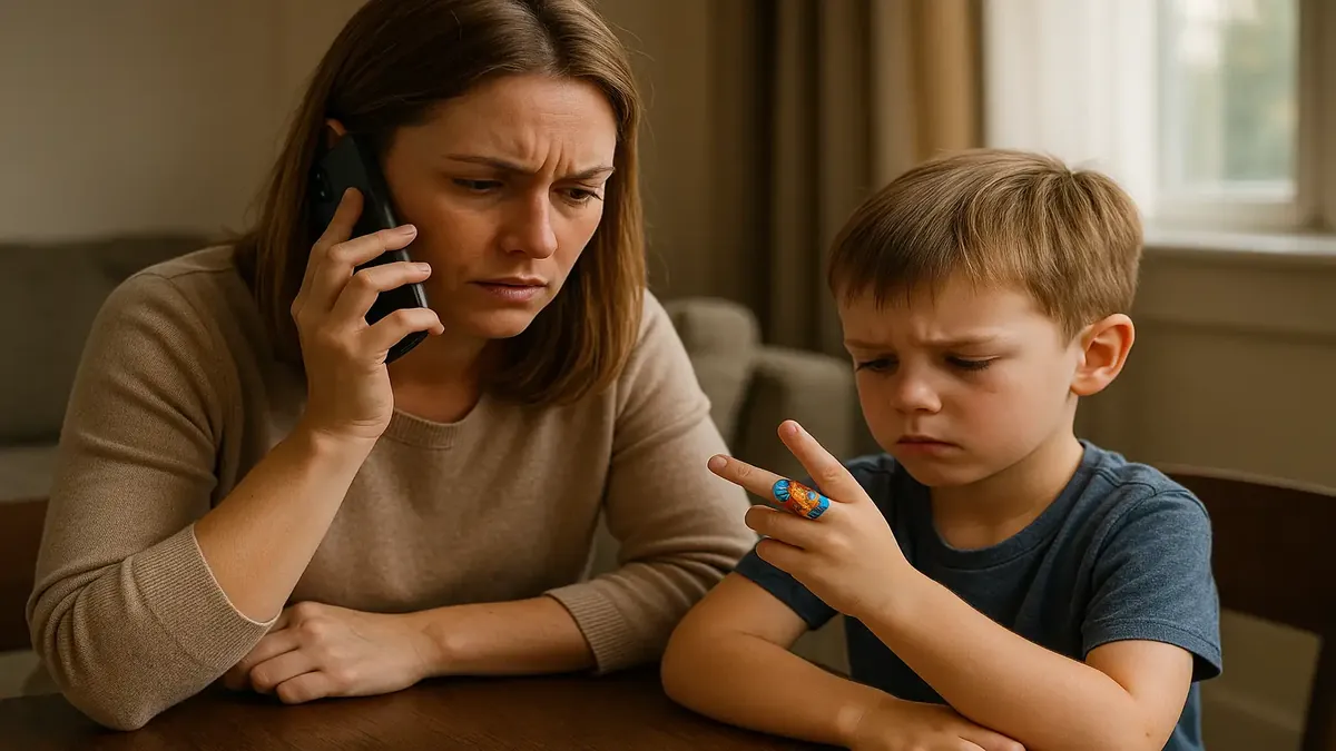 Child with a small cut on their knee, band-aid featuring a Disney character, highlighting parenting challenges.