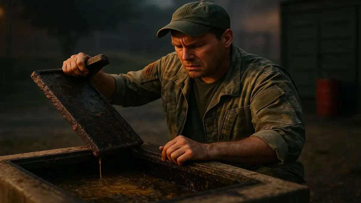 Cinematic view of a grease trap in a commercial kitchen, highlighting its importance and maintenance needs.